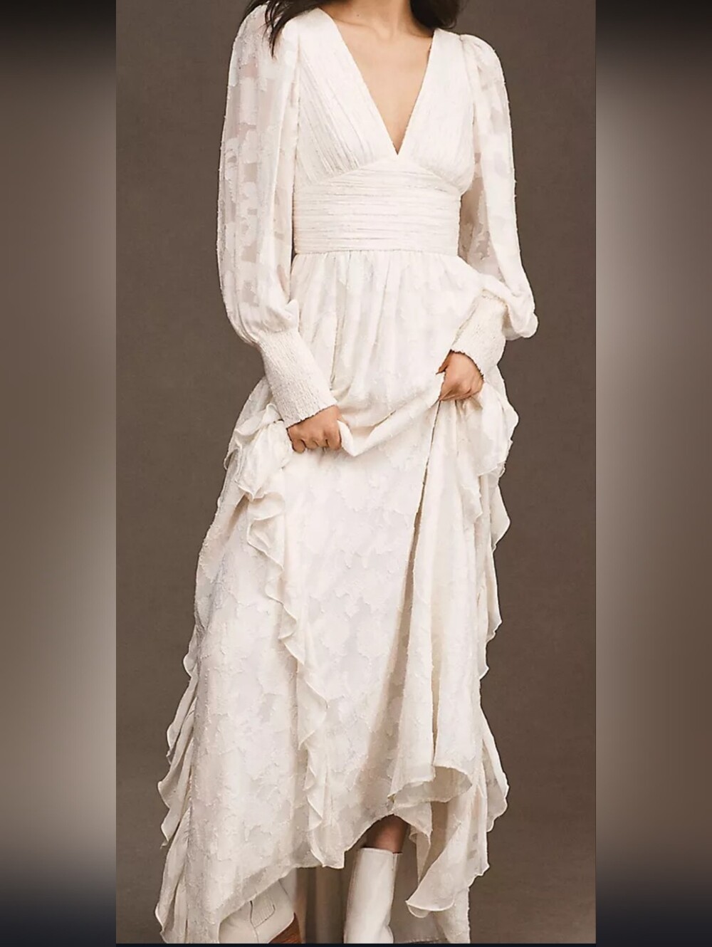 BHLDN Donna Long-Sleeve V-Neck Ruffled Maxi Dress by Anthropologie